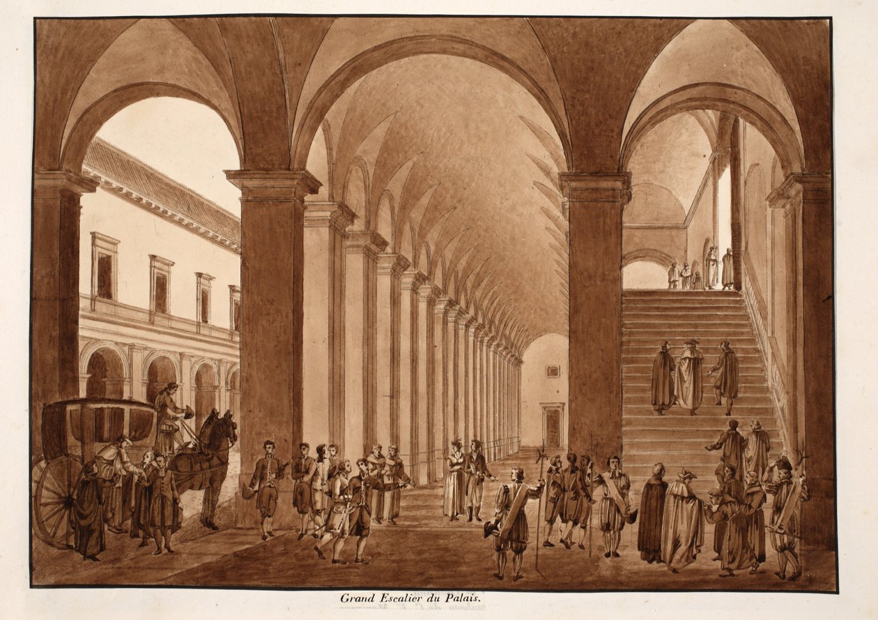 الدرج الرئيسي لقصر ديل كويرينال ، 1833 (النقش بغسل بني) بواسطة اجوستينو توفانيلي