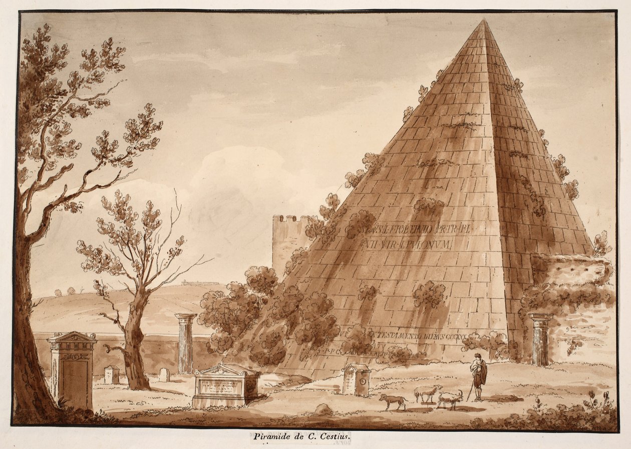 هرم C.Cestius ، 1833 (النقش بغسل بني) بواسطة اجوستينو توفانيلي