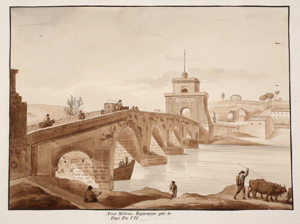 ترميم بونتي ميلفيو بواسطة البابا بيوس السابع ، 1833 (النقش بغسل بني) بواسطة اجوستينو توفانيلي