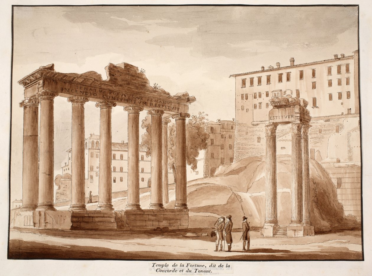 معبد فورتشن ، المعروف باسم معبد كونكورد ومعبد جوبيتر تونانز ، 1833 (النقش بغسل بني) بواسطة اجوستينو توفانيلي