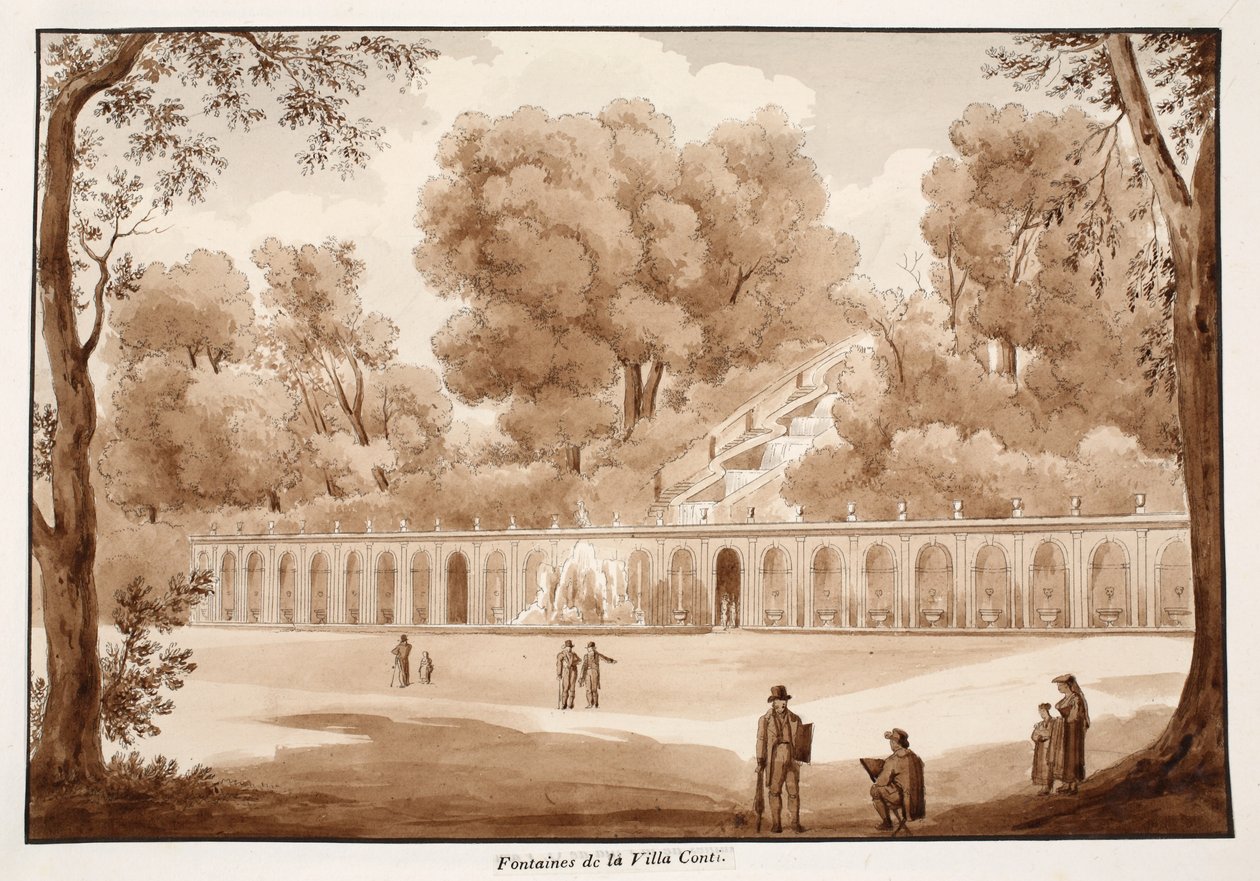 نوافير فيلا كونتي ، 1833 (النقش بغسل بني) بواسطة اجوستينو توفانيلي