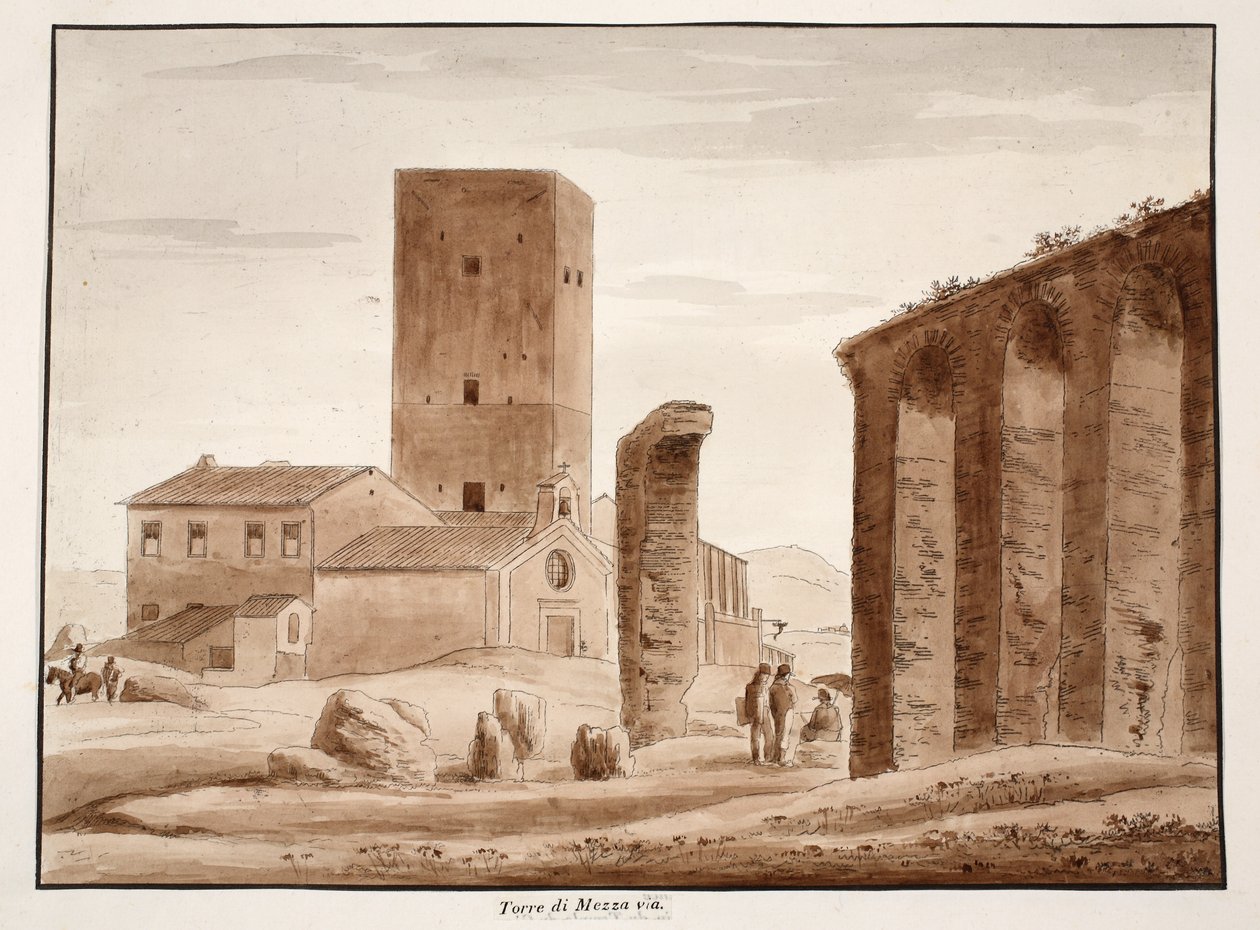 توري دي ميزا عبر ، 1833 (النقش بغسل بني) بواسطة اجوستينو توفانيلي