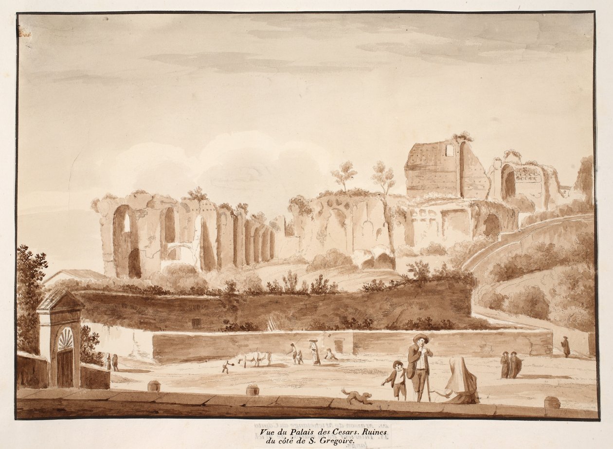 منظر لقصر القيصر الذي يُرى من فيا دي سان غريغوريو ، 1833 (النقش بغسل بني) بواسطة اجوستينو توفانيلي