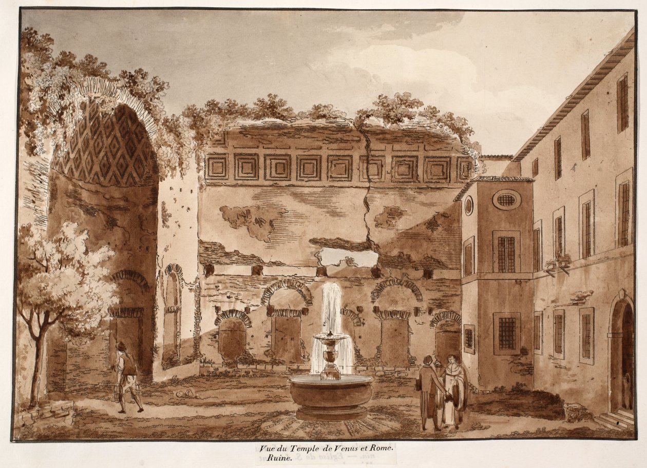منظر لمعبد فينوس وروما ، أطلال ، 1833 (النقش بغسل بني) بواسطة اجوستينو توفانيلي