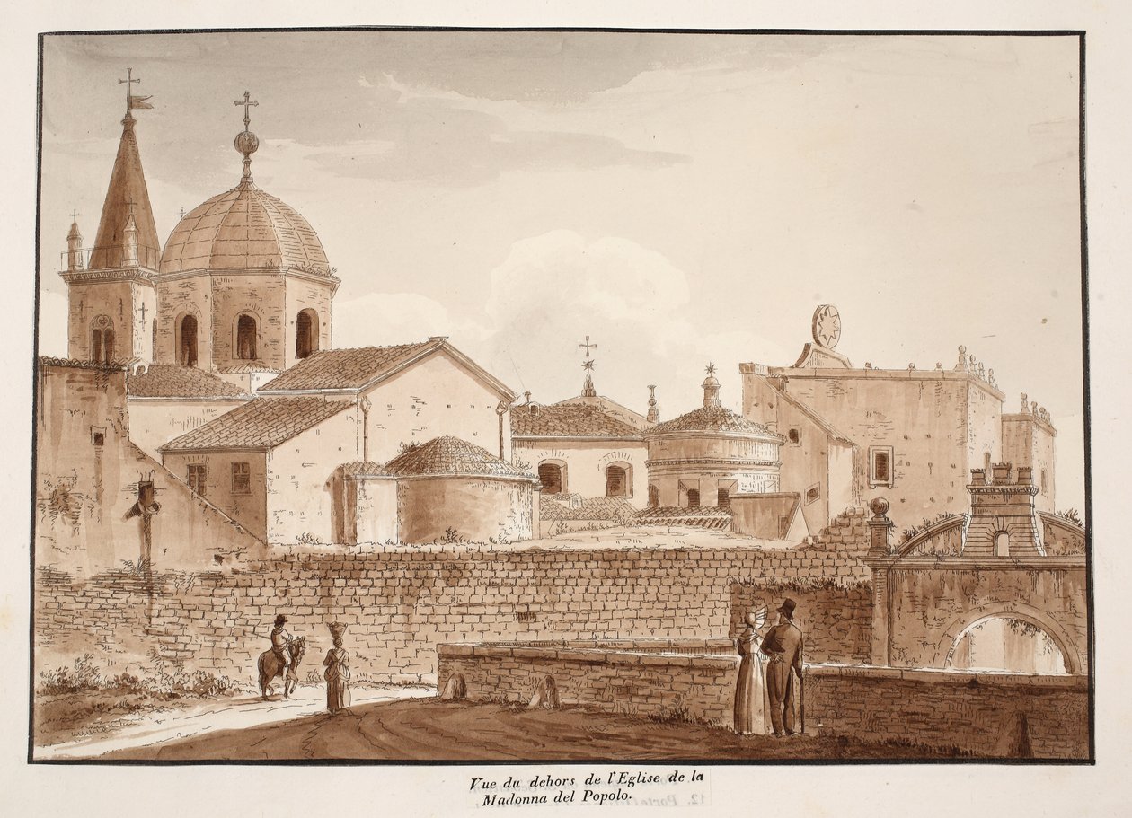 منظر خارجي للكنيسة سانتا ماريا ديل بوبولو ، 1833 (النقش بغسل بني) بواسطة اجوستينو توفانيلي