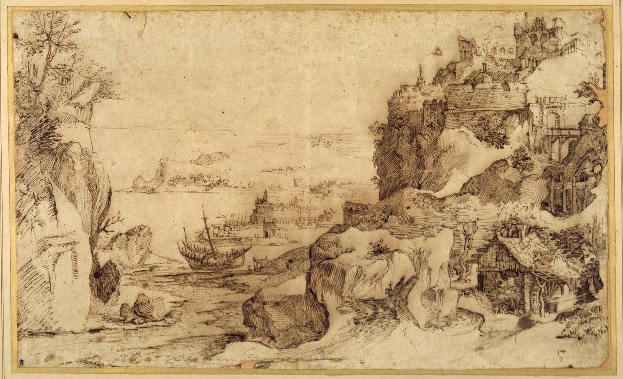 Downward view of a fortified harbour (pen & brown ink on paper) بواسطة Agostino (Attr. To) Carracci