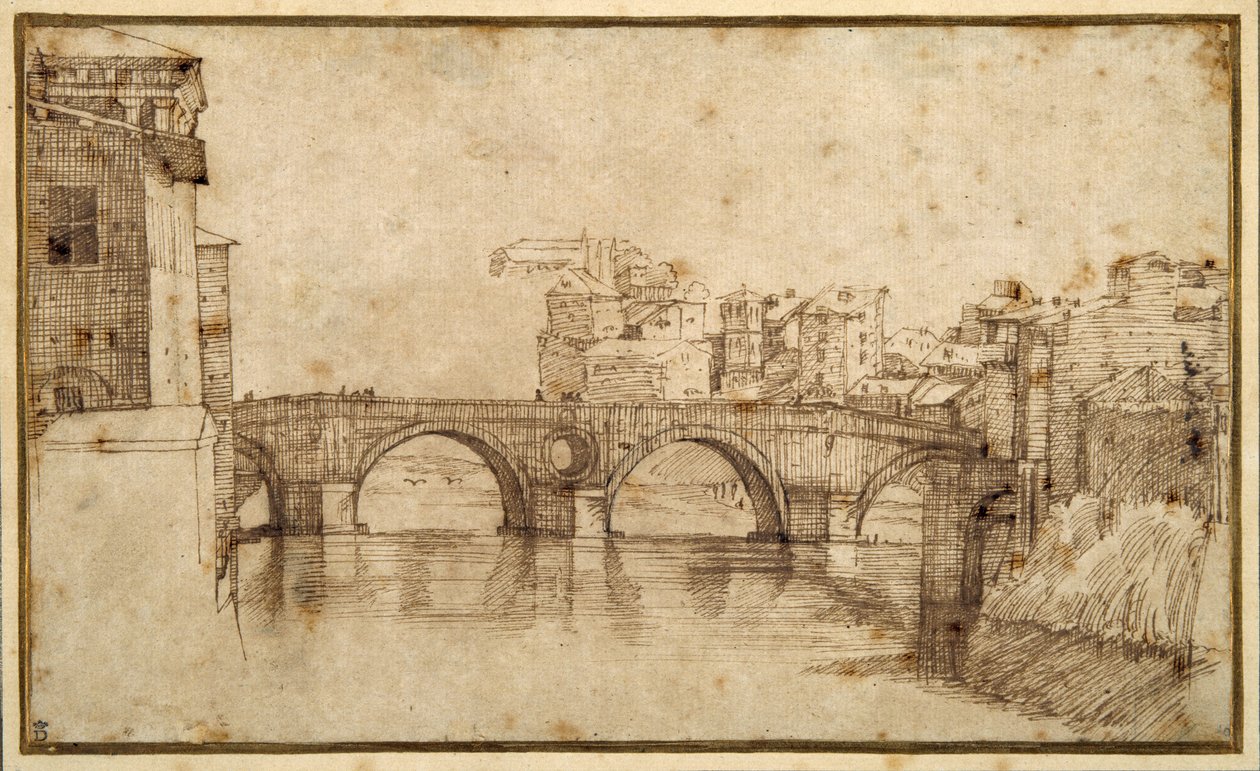 The Isola Tiberiana, Rome (pen & brown ink on paper) بواسطة Agostino (Attr. To) Carracci