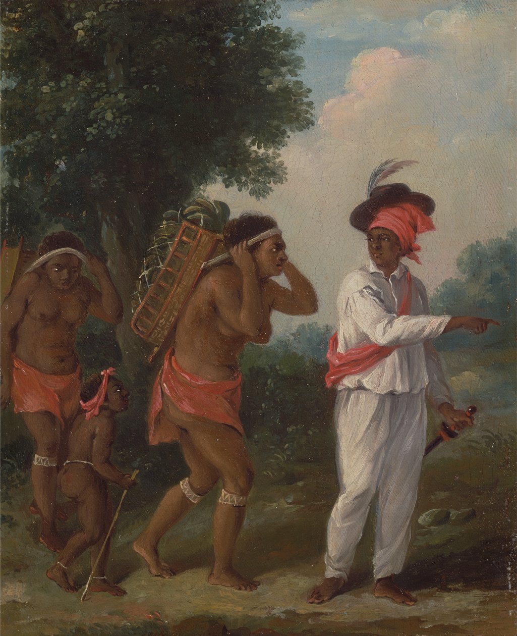 رجل ملون من غرب الهند ، إخراج امرأتين من الكاريبي مع طفل ، كاليفورنيا. 1780. بواسطة أغوستينو برونياس
