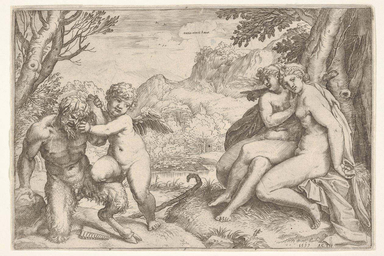 الحب ينتصر على Omnia vincit Amor ، في صراع مع satyr Amyr يضع Kn kn اليمنى ... ، 1599. بواسطة أغوستينو كاراتشي