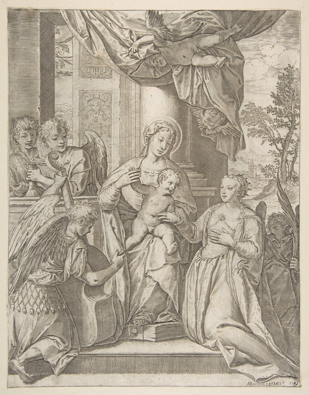 الزواج الصوفي للقديسة كاترين التي تجلس في المركز مع الطفل المسيح ، الملائكة مع ... ، 1585. بواسطة أغوستينو كاراتشي
