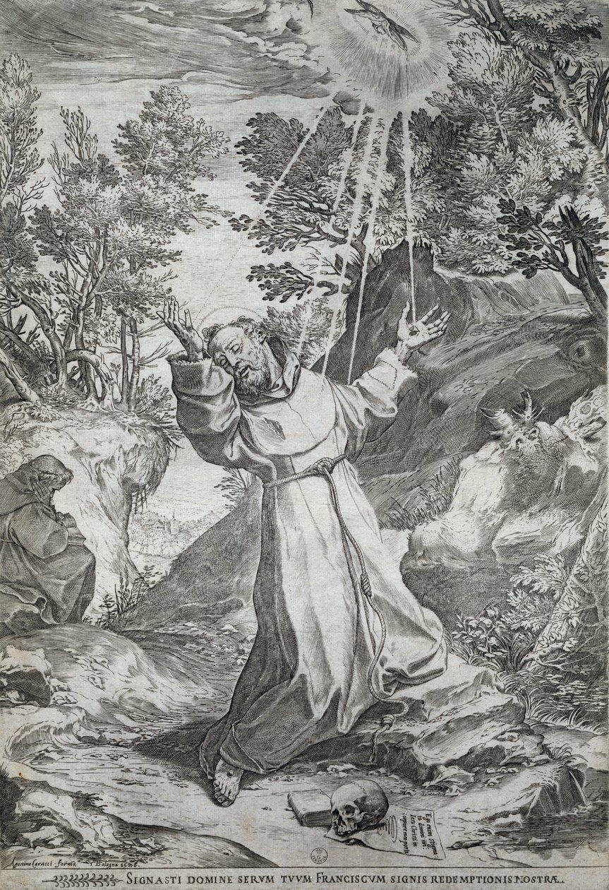 The stigmatization of Saint Francis on La Verna mountain (1224) بواسطة أغوستينو كاراتشي