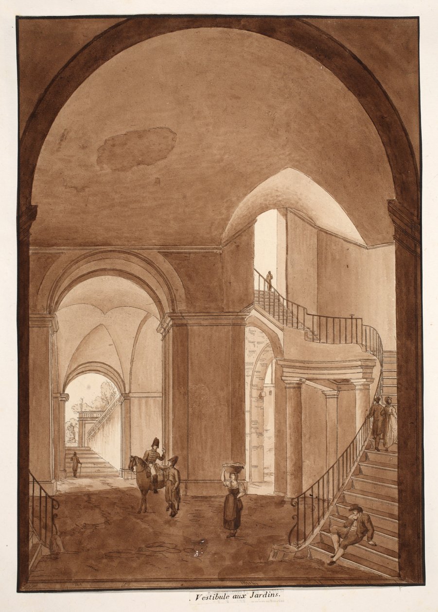 حدائق الدهليز في قصر Caetani all&39;Orso ، 1833 (النقش مع غسل البني) بواسطة اجوستينو توفانيلي