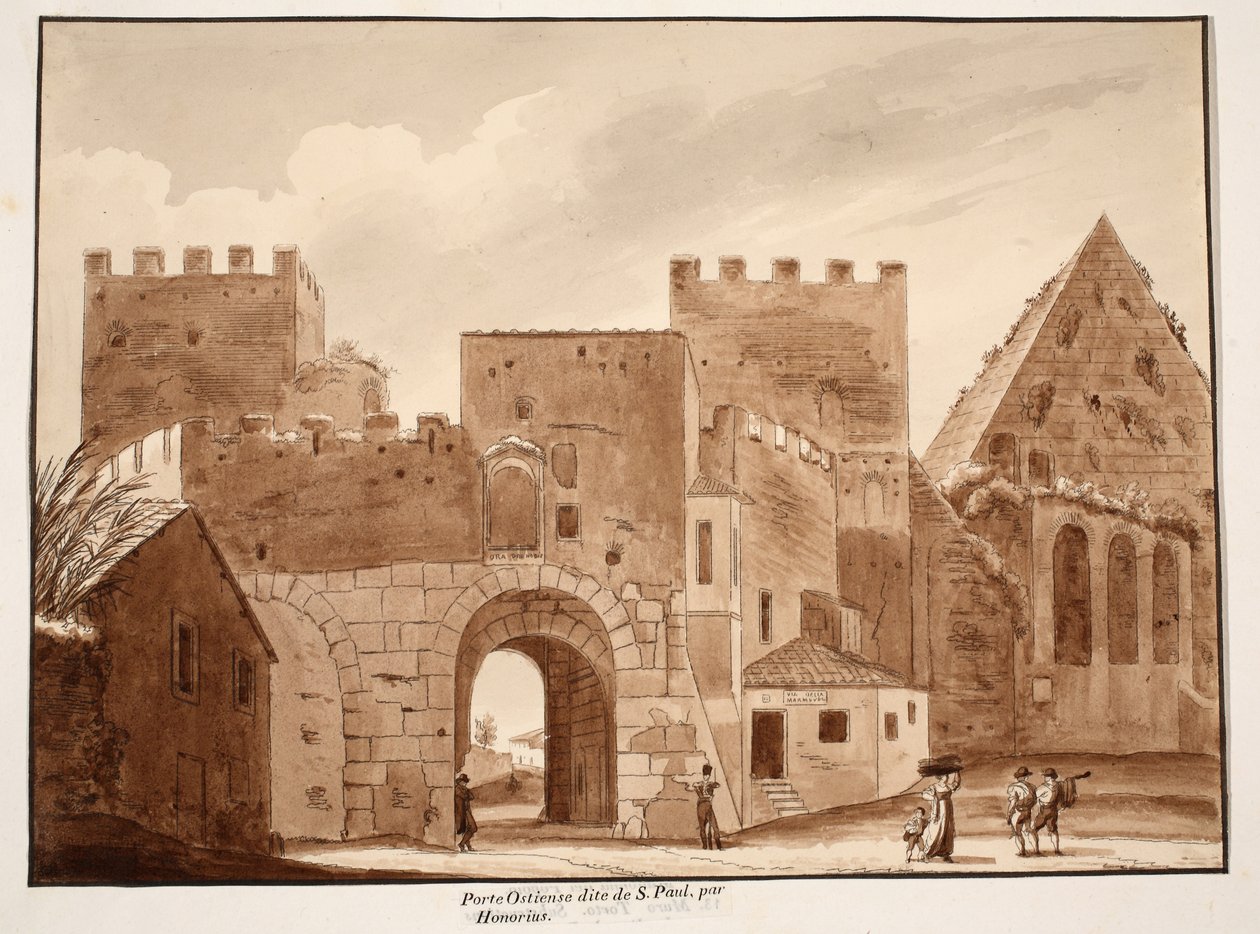 ال Porta Ostiensis أو San Paolo ، التي بناها Honorius ، 1833 (النقش بغسل بني) بواسطة اجوستينو توفانيلي