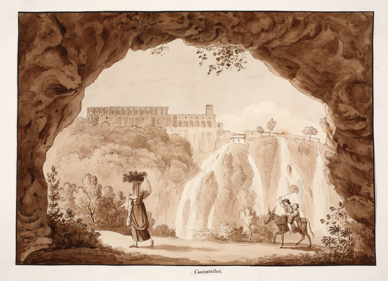 الشلالات في تيفولي ، 1833 (النقش بغسل بني) بواسطة اجوستينو توفانيلي