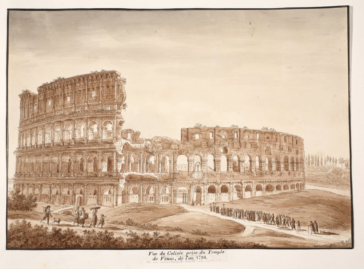 منظر الكولوسيوم من معبد فينوس ، 1833 (النقش بغسل بني) بواسطة اجوستينو توفانيلي