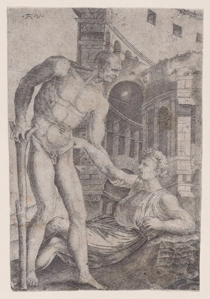 رجل يساعد آخر على قدميه ، كاليفورنيا. 1514-36. بواسطة أغوستينو فينيزيانو