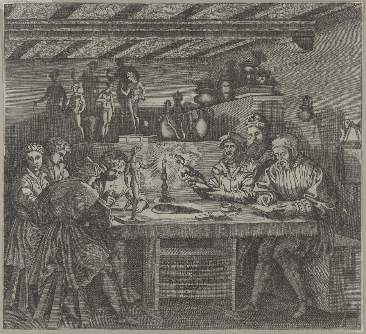 Baccio Bandinelli في الاستوديو الخاص به يحمل تمثالًا صغيرًا لكوكب الزهرة ، والطلاب يرسمون من مو ... ، 1531. بواسطة أغوستينو فينيزيانو