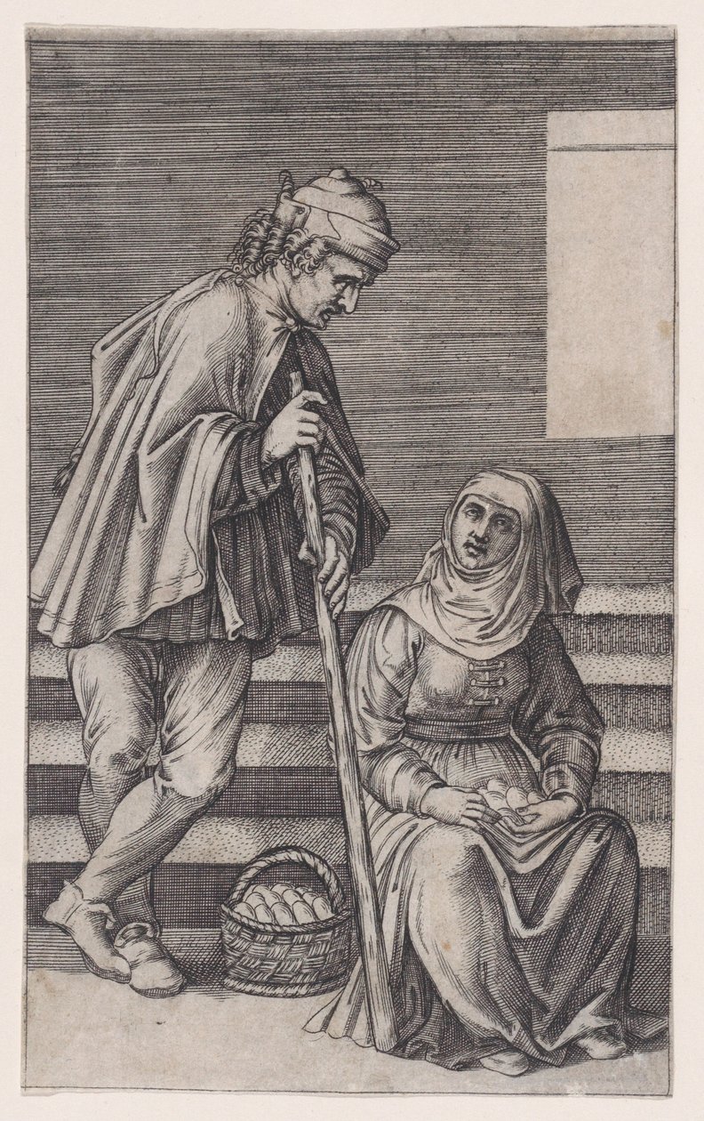 فلاح وامرأة مع بيض ، كاليفورنيا. 1514-36. بواسطة أغوستينو فينيزيانو