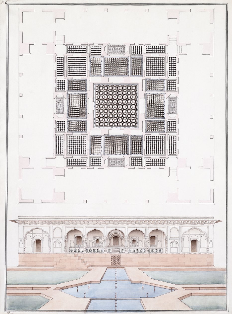 ارتفاع الواجهة الجنوبية وقصر حديقة سوراج بهاوان في حفر ، حوالي عام 1830 (قلم رصاص وقلم وحبر رمادي وألوان مائية) بواسطة مدرسة اجرا