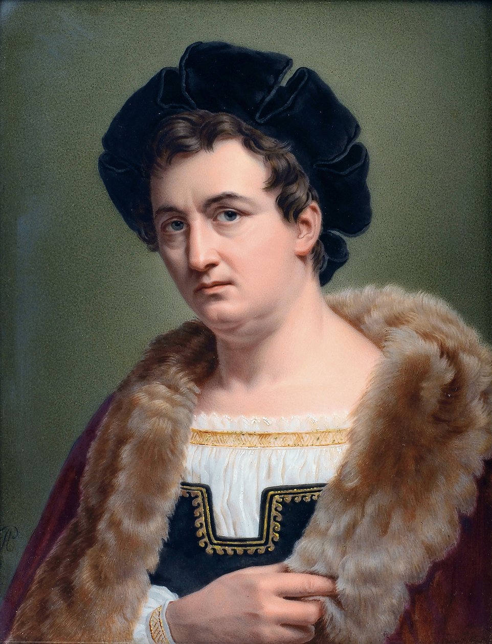 صورة لفرانسوا جوزيف (فرانسوا جوزيف) تالما (1763-1826) ، ممثل فرنسي ، في عام 1822 - صورة فرانسوا جوزيف تالما (1763-1826) - بيرليت ، إيمي (نشط 1824-1845) - 1823 - غواش على الخزف - 18.5 × 14 - مجموعة خاصة بواسطة ايمي بيرليت
