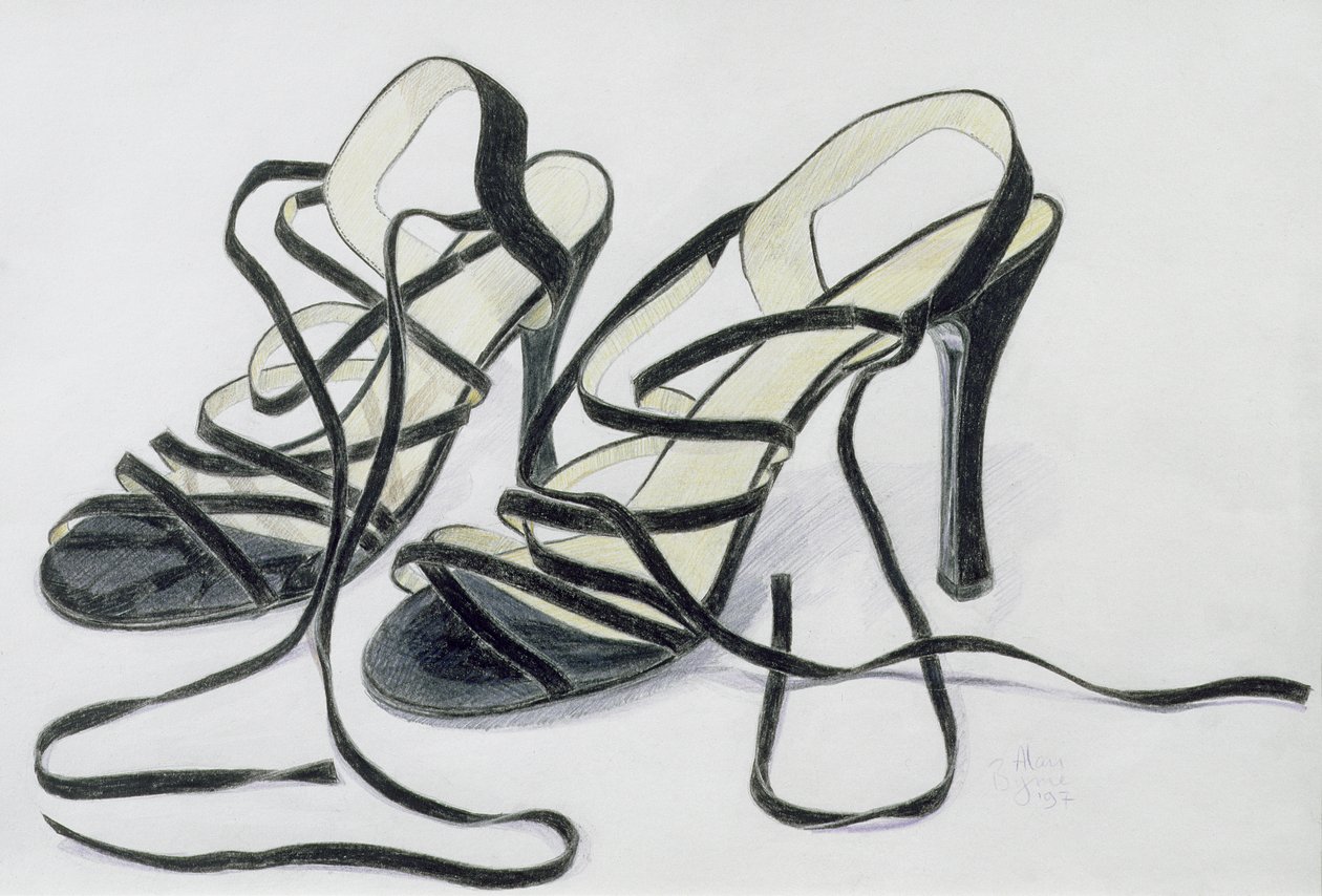 أحذية Strappy السوداء ، 1997 (قلم رصاص ملون على ورق) بواسطة آلان بيرن