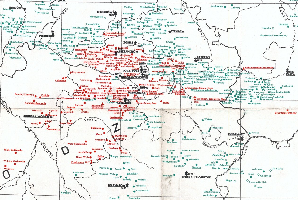 المستوطنات في عام 1938 حول وودج بين أنهار وارتا (W) ، بزورا (شمال) و Pilica (SE) بواسطة ألبرت براير
