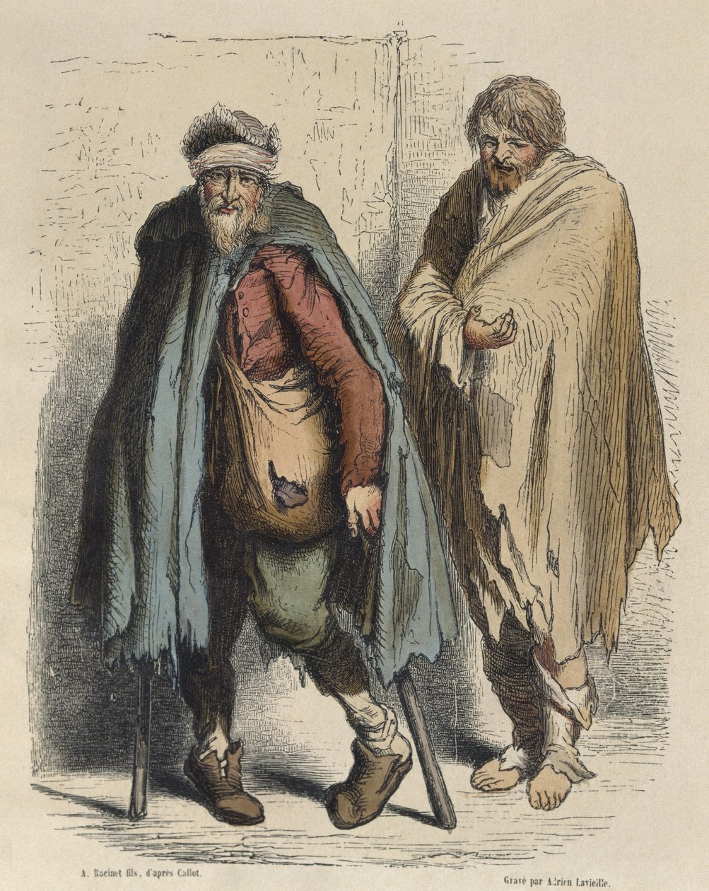 متسولون ، بعد جاك كالوت (1592-1635) منقوش بواسطة أدريان لافيلي (1818-62) (نقش ملون) بواسطة ألبرت تشارلز أوغست راسينت