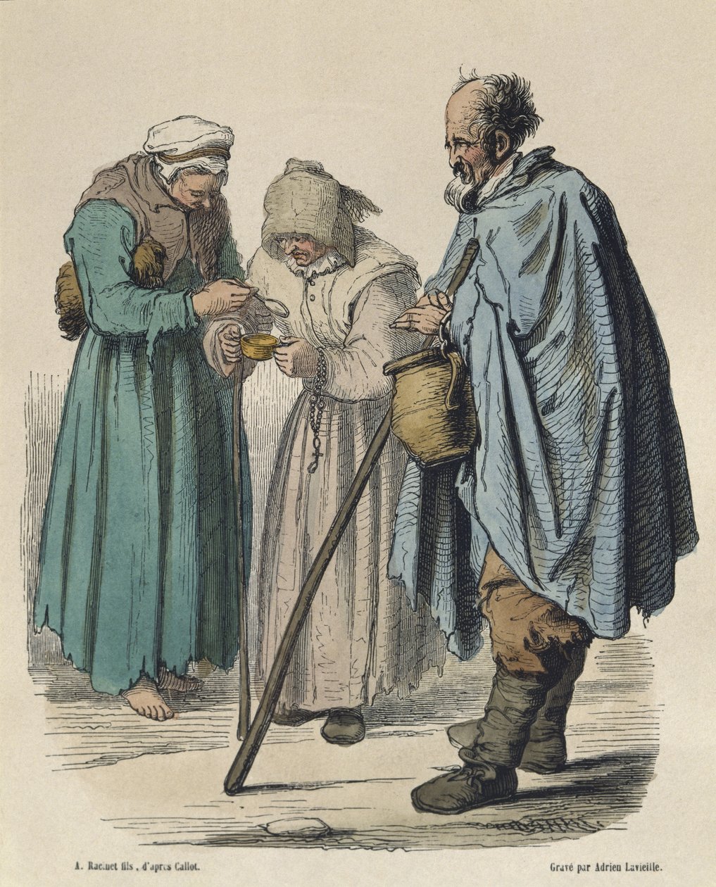 متسولون ، بعد جاك كالوت (1592-1635) منقوش بواسطة أدريان لافيلي (1818-62) (نقش ملون) بواسطة ألبرت تشارلز أوغست راسينت
