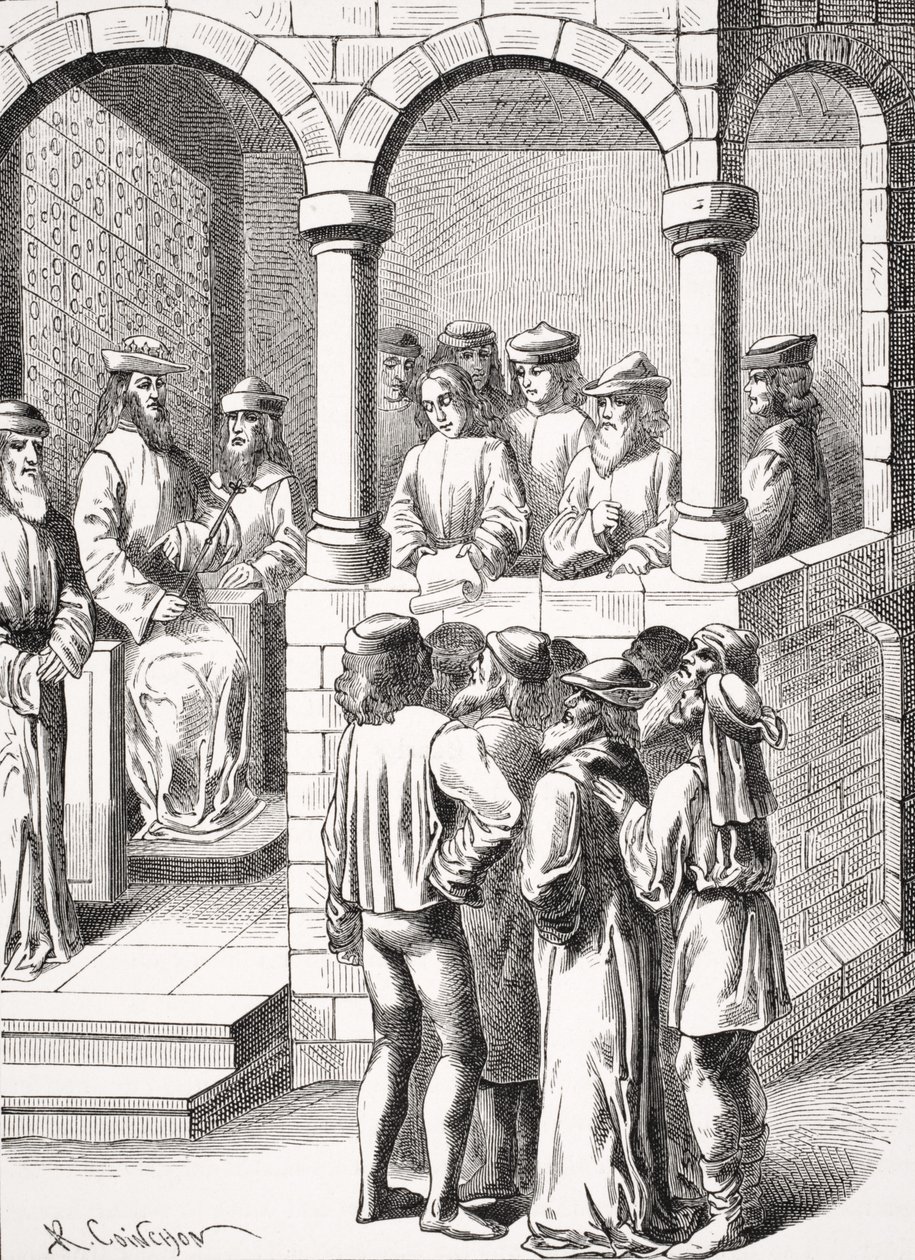 إصدار مرسوم ، بعد مصغر في مخطوطة القرن الخامس عشر "Ancienettes des Juifs" ، من "Le Moyen Age et la Renaissance" بواسطة Paul Lacroix (1806-84) نشر عام 1847 بواسطة ألبرت كوينتشون