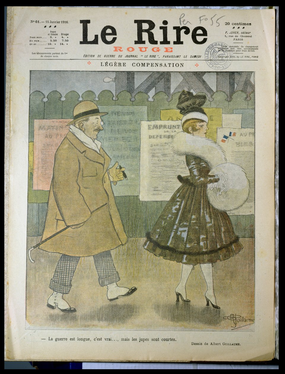 "الحرب طويلة ، إنها صحيحة .... لكن التنانير قصيرة" ، الغلاف الأمامي لـ "Le Rire" ، 15 يناير 1916 بواسطة ألبرت غيوم