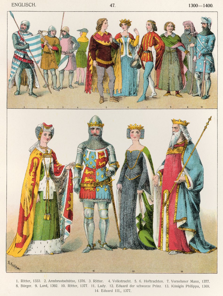 فستان إنجليزي ، c.1300-1400 ، من "Trachten der Voelker" ، 1864 بواسطة ألبرت كريتشمر