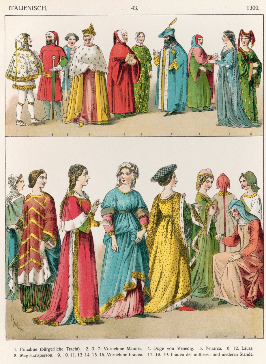 فستان إيطالي ، c.1300 ، من "Trachten der Voelker" ، 1864 (الطباعة الحجرية الملونة) بواسطة ألبرت كريتشمر