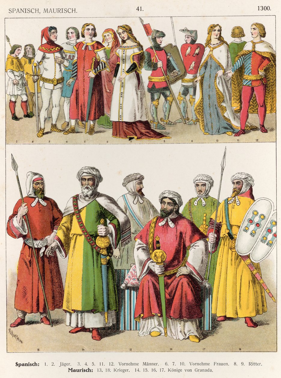 فستان إسباني ومغربي ، c.1300 ، من "Trachten der Voelker" ، 1864 (الطباعة الحجرية الملونة) بواسطة ألبرت كريتشمر