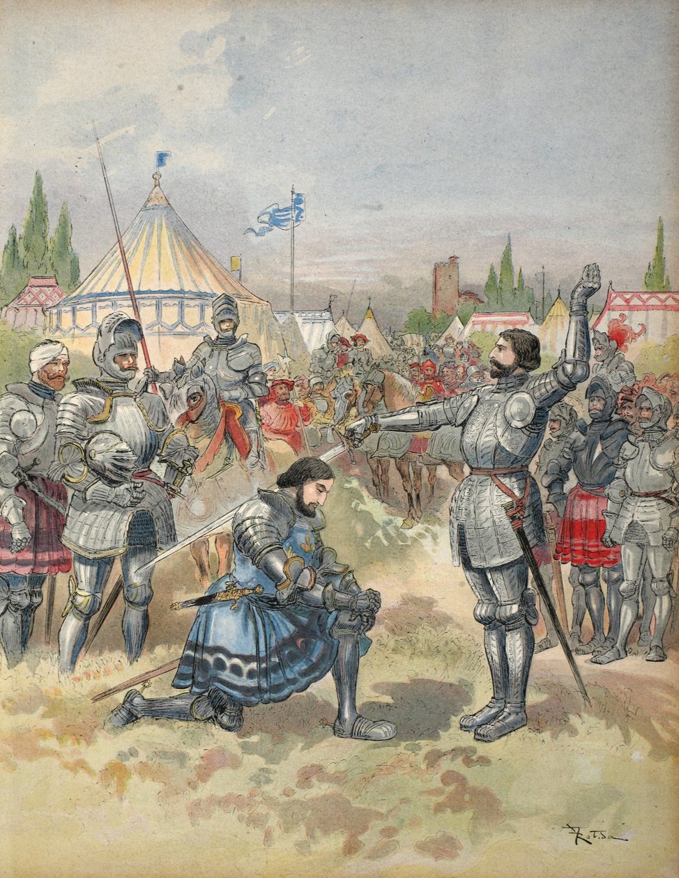 Bayard knighting فرانسيس الأول ، رسم توضيحي من &39;فرانسوا Ier: لو روي شوفالييه ، لجورج جي Toudouze ، حانة. 1909 بواسطة ألبرت روبيدا