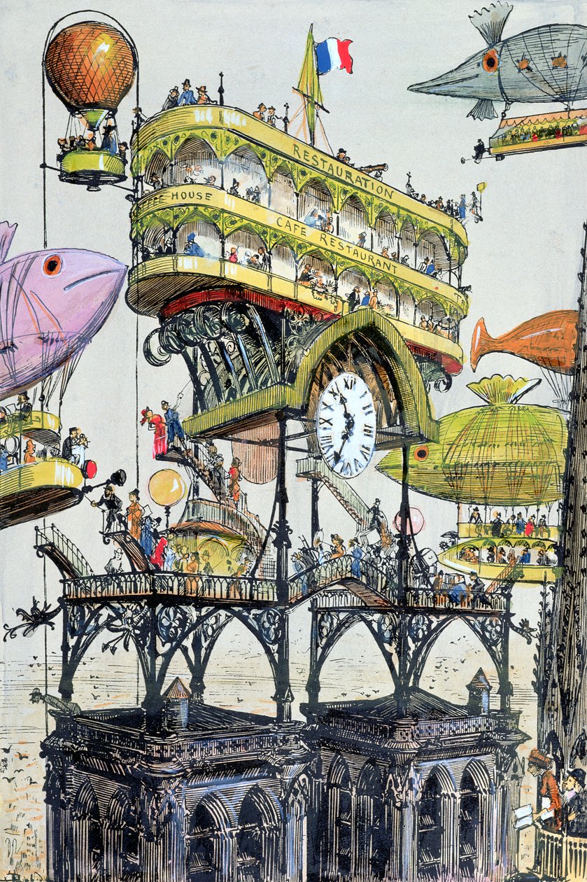 محطة الطائرات المركزية في نوتردام (باريس) ، توضيح من "Le XXeme siecle، La Vie Electrique" ، ج. 1890 (نقش الألوان) بواسطة ألبرت روبيدا