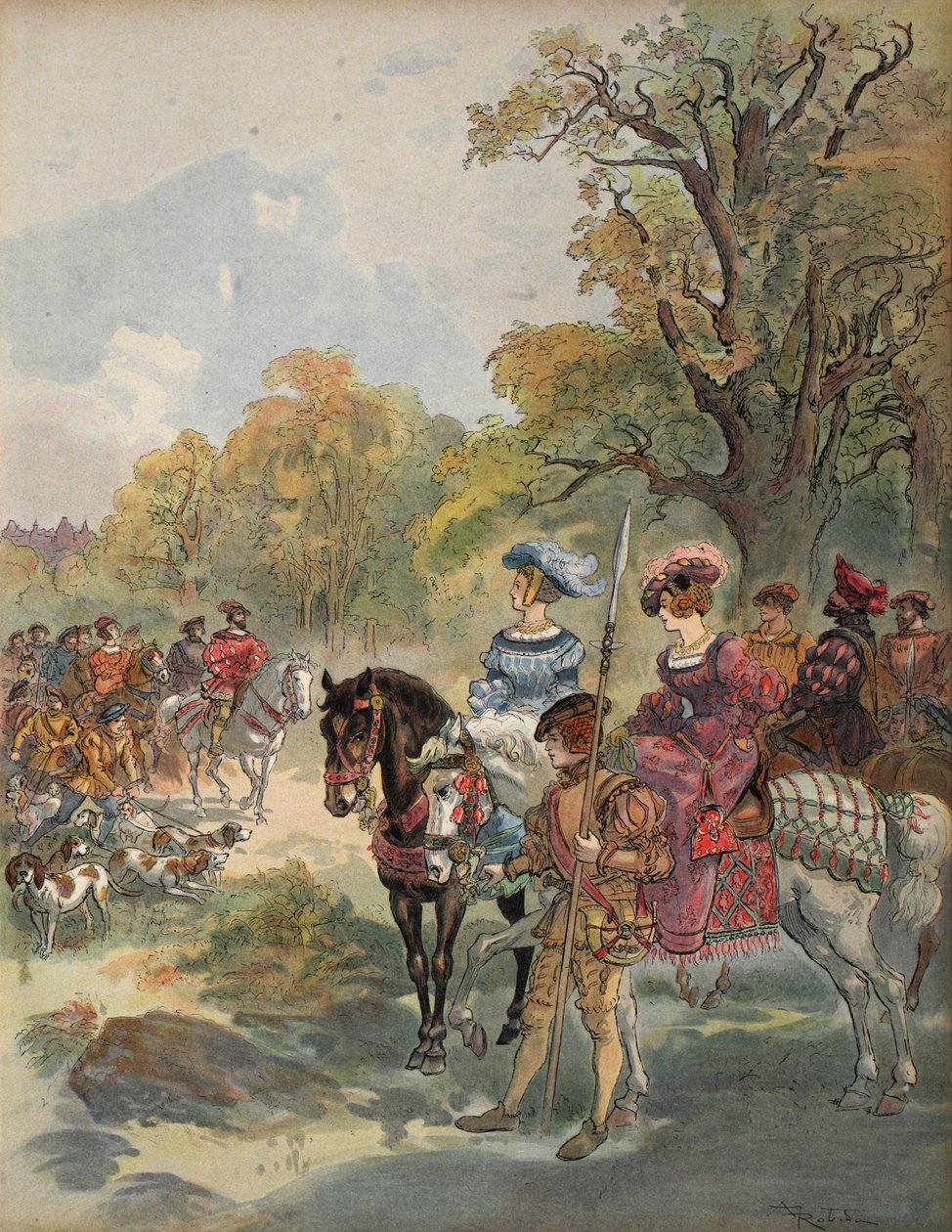 صيد ملكي ، رسم توضيحي من &39;فرانسوا إيير: لو روي شوفالييه ، بقلم جورج جي تودوز ، حانة. 1909 بواسطة ألبرت روبيدا