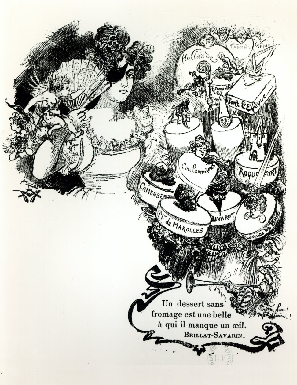 الأجبان ، رسم توضيحي لأقوال بريل-سافارين من "L&39;Art du Bien Manger" ، 1907 بواسطة ألبرت روبيدا