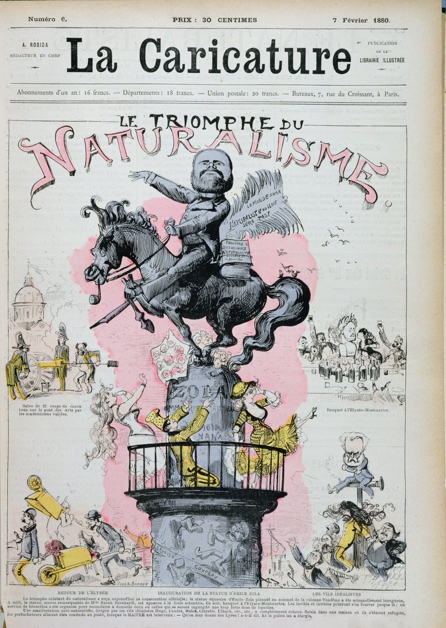 `` انتصار الطبيعة &39;&39; ، كاريكاتير إميل زولا (1840-1902) ، رسم توضيحي من `` La Caricature &39;&39; ، 7 فبراير 1880 بواسطة ألبرت روبيدا