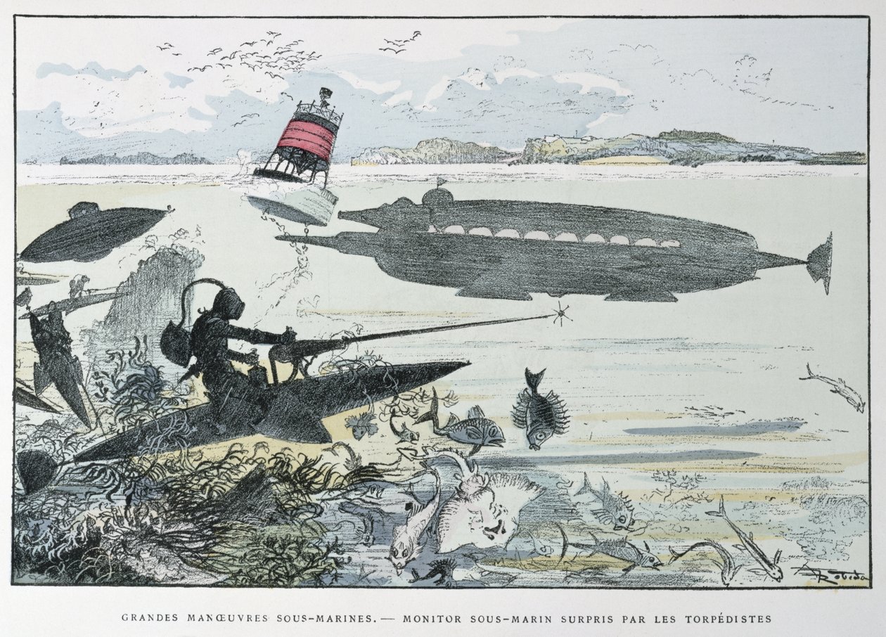 مناورات تحت الماء ، من "Le XXeme Siecle ، La Vie Electrique" ، c.1890 بواسطة ألبرت روبيدا