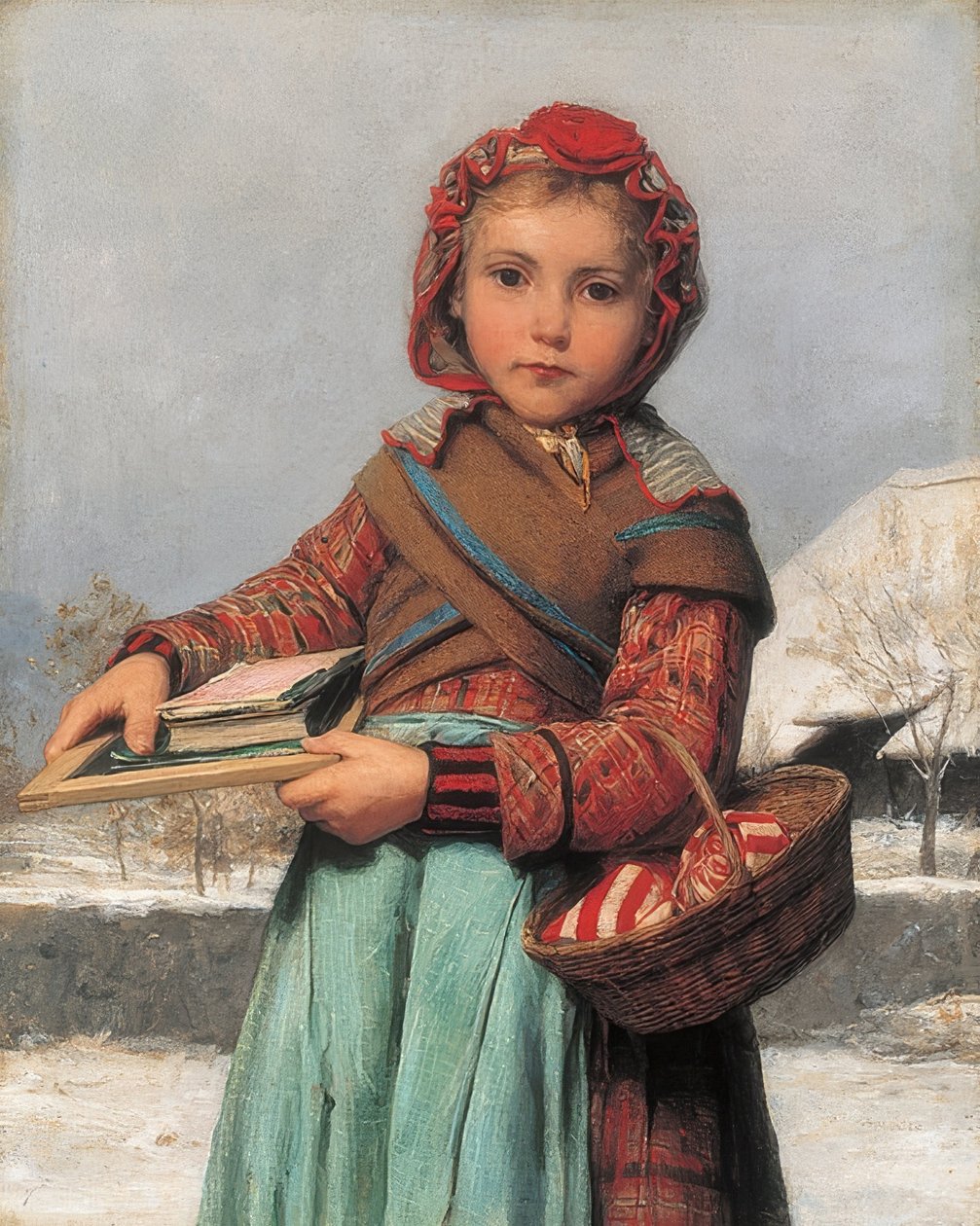 فتاة المدرسة مع السبورة وسلة الخياطة. 1878 بواسطة ألبرت أنكر