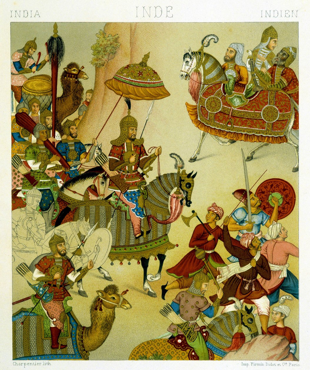 بدلات حرب القرن السادس عشر في الهند. لوحة Chromolithographic - في "" Le costume historyique "" لـ Racinet بواسطة ألبرت تشارلز أوغست راسينت