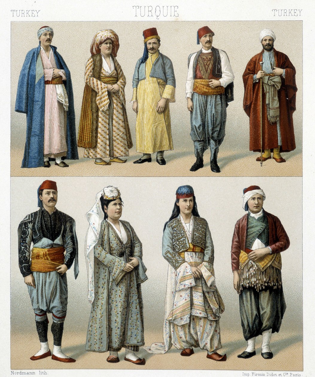 أزياء تركية من القرن التاسع عشر. رسم توضيحي في "Le costume historyique" بقلم Racinet بواسطة ألبرت تشارلز أوغست راسينت