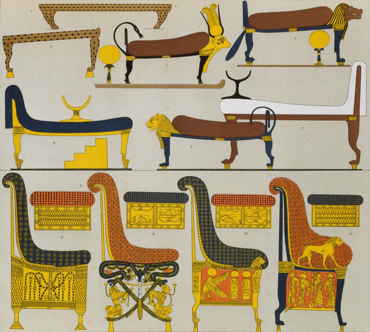 الأثاث المصري القديم ، الطباعة الحجرية لشبيجل ، من Le Costume Historique (تاريخ الأزياء) ، المجلد الثاني ، بواسطة Auguste Racinet بواسطة ألبرت تشارلز أوغست راسينت
