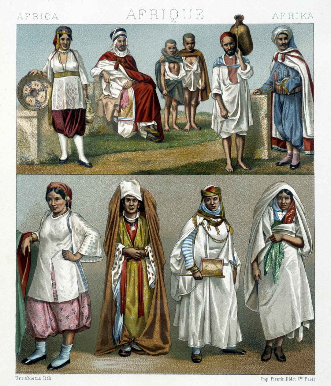 أزياء Barbaresque (أفريقيا). رسم توضيحي في "" Le costume historyique "" لـ Racinet بواسطة ألبرت تشارلز أوغست راسينت