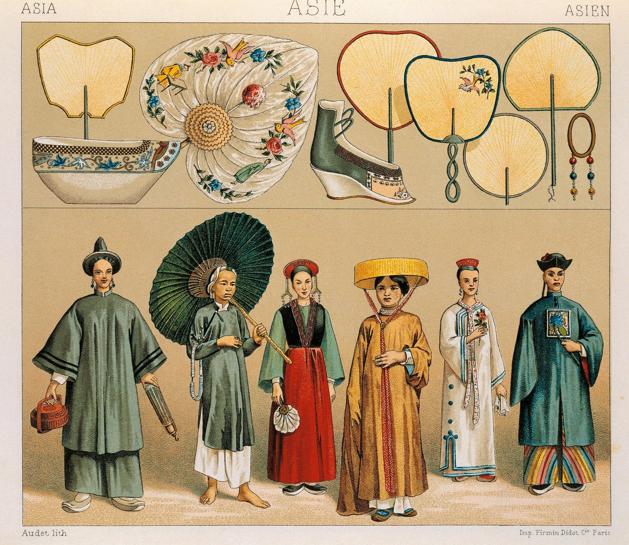 ملابس النساء الصينيات ومنطقة تارتاري ، رسم توضيحي من تاريخ الأزياء الكامل من تأليف Auguste Racinet بواسطة ألبرت تشارلز أوغست راسينت