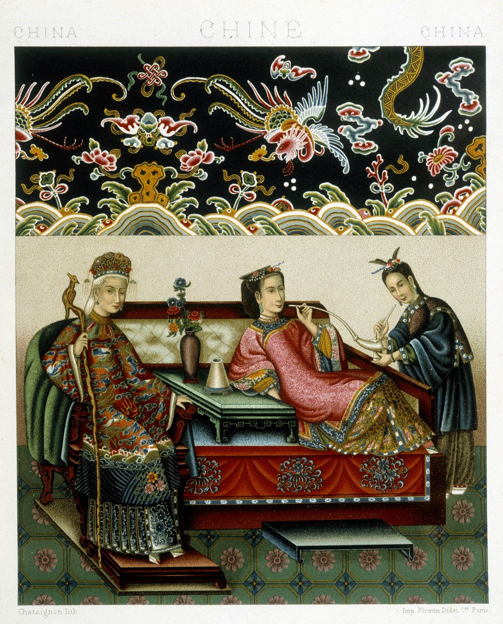 زي الإمبراطورة الصينية. لوحة Chromolithographic - في "" Le costume historyique "" لـ Racinet بواسطة ألبرت تشارلز أوغست راسينت