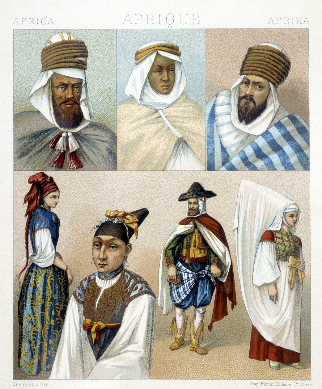 ازياء وتسريحات شعر من الجزائر. رسم توضيحي في "" Le costume historyique "" لـ Racinet بواسطة ألبرت تشارلز أوغست راسينت