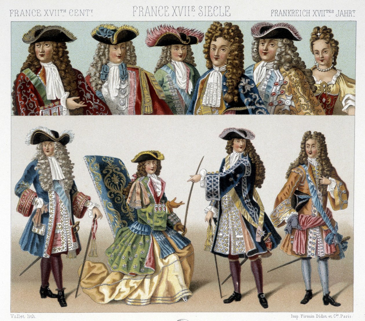 أزياء وتسريحات شعر النبلاء الفرنسيين في القرن الثامن عشر. رسم توضيحي في "" Le costume historyique "" لـ Racinet بواسطة ألبرت تشارلز أوغست راسينت