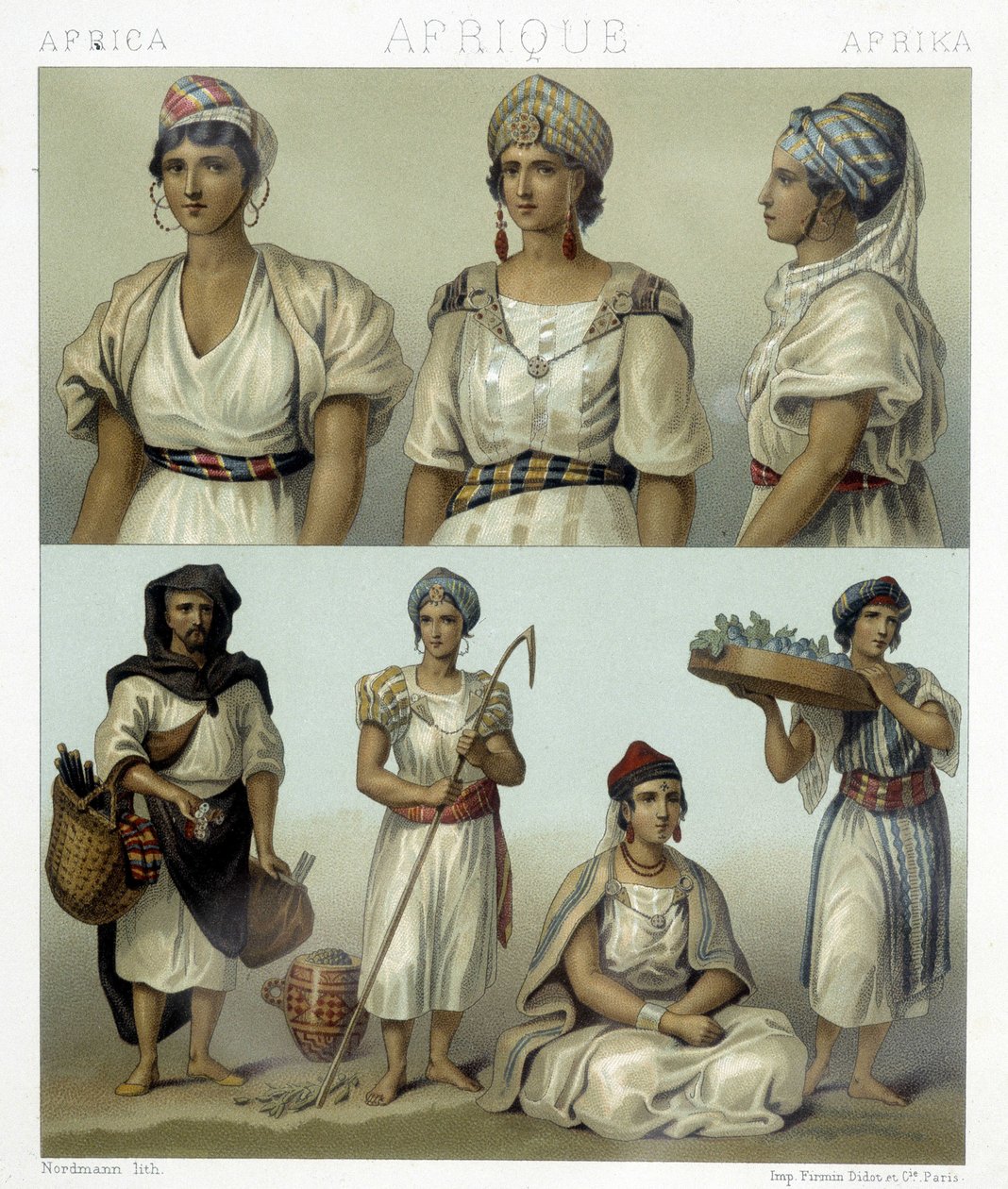 أزياء وأغطية رأس نساء القبائل (أعلى). ازياء تونسية و جزائرية (أسفل). رسم توضيحي في "" Le costume historyique "" لـ Racinet بواسطة ألبرت تشارلز أوغست راسينت