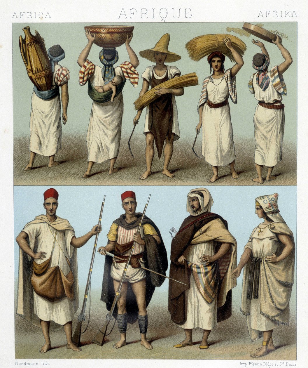 ازياء الجزائر وتونس. رسم توضيحي في "Le costume historyique" بقلم Racinet بواسطة ألبرت تشارلز أوغست راسينت